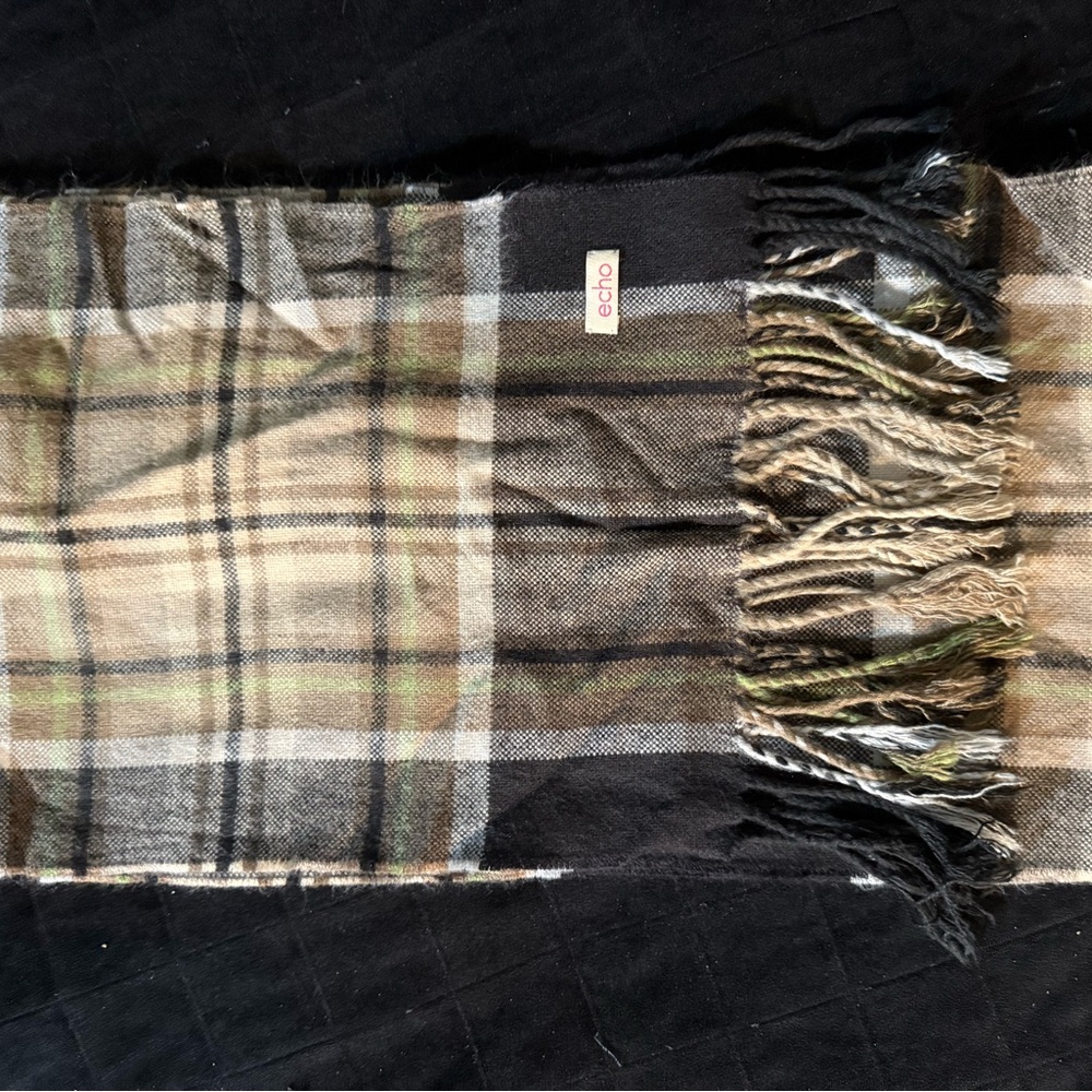 Echo Checkered Wool Scarf with Fringe